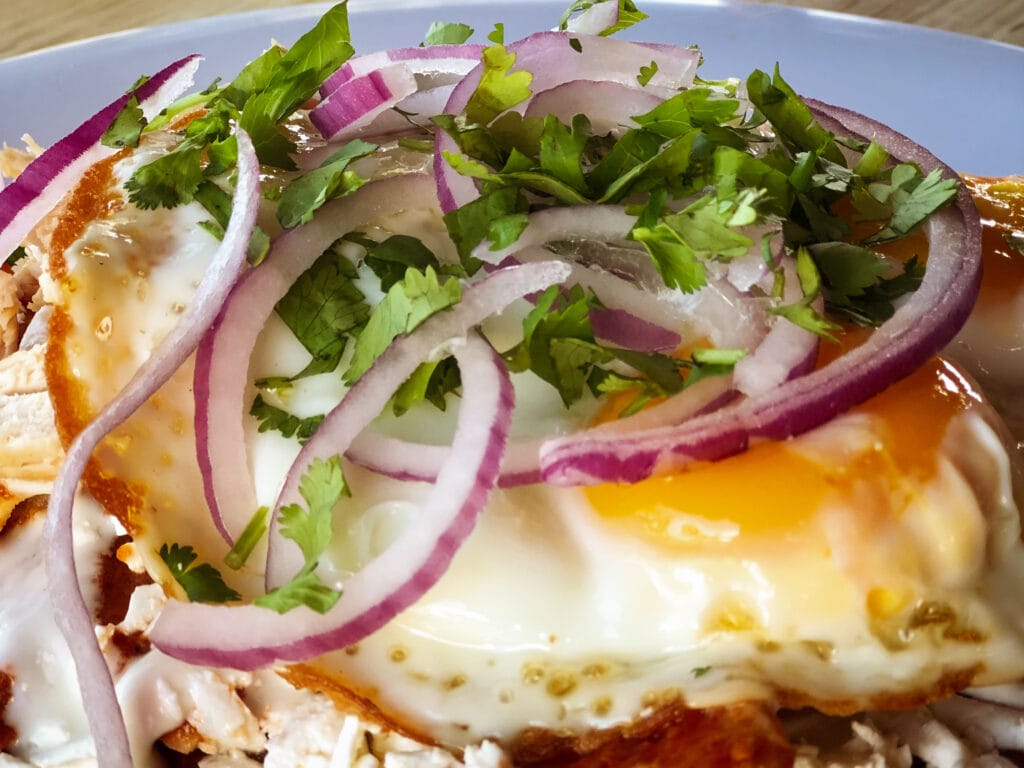 Close-up view of chilaquiles with sunnyside up eggs, cilantro and onions.